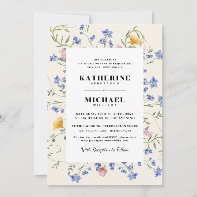 Invitación Elegante acuarela Wldflowers Meadow Boda (Anverso)