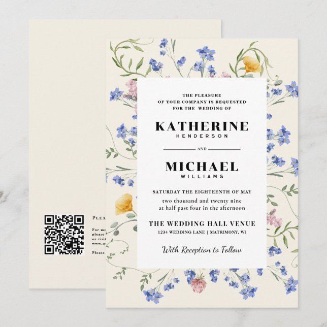 Invitación Elegante acuarela Wldflowers Meadow RSVP Boda (Anverso / Reverso)