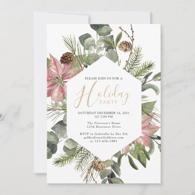 Invitación Elegante acuarela Wreath Gold Holiday Party Inv (Anverso)
