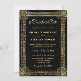 Invitación Elegante Adorno Marco Dorado en Boda Negra