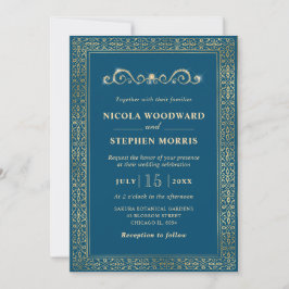 Invitación Elegante Adorno Marco Dorado en Boda Verde Azulado