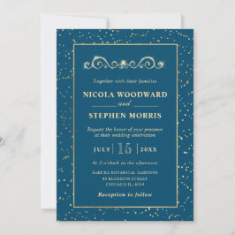 Invitación Elegante Adorno Marco Dorado en Boda Verde Azulado