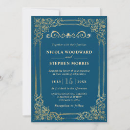 Invitación Elegante Adorno Marco Dorado en Boda Verde Azulado