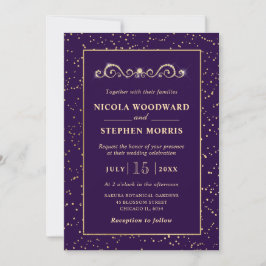 Invitación Elegante Adorno Marco Dorado sobre Boda Morada