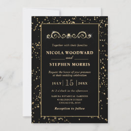 Invitación Elegante Adorno Marco Dorado sobre Boda Negra
