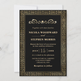 Invitación Elegante Adorno Marco Dorado sobre Boda Negra