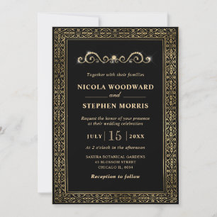 Invitación Elegante Adorno Marco Dorado sobre Boda Negra