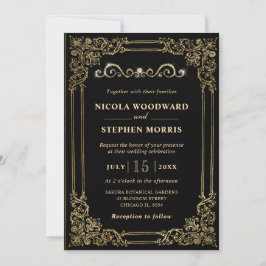 Invitación Elegante Adorno Marco Dorado sobre Boda Negra