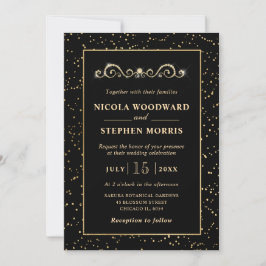 Invitación Elegante Adorno Marco Dorado sobre Boda Negra
