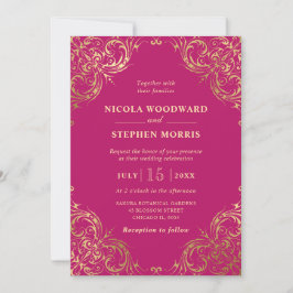 Invitación Elegante Adorno Marco Dorado sobre Boda Rosa
