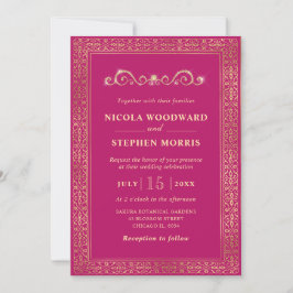 Invitación Elegante Adorno Marco Dorado sobre Boda Rosa