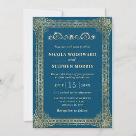 Invitación Elegante Adorno Marco Dorado sobre Boda Verde Azul