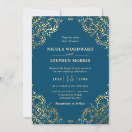 Invitación Elegante Adorno Marco Dorado sobre Boda Verde Azul