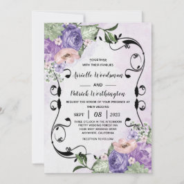 Invitación # Elegante Aéreo Boho Floral Púrpura y Plateado Bo