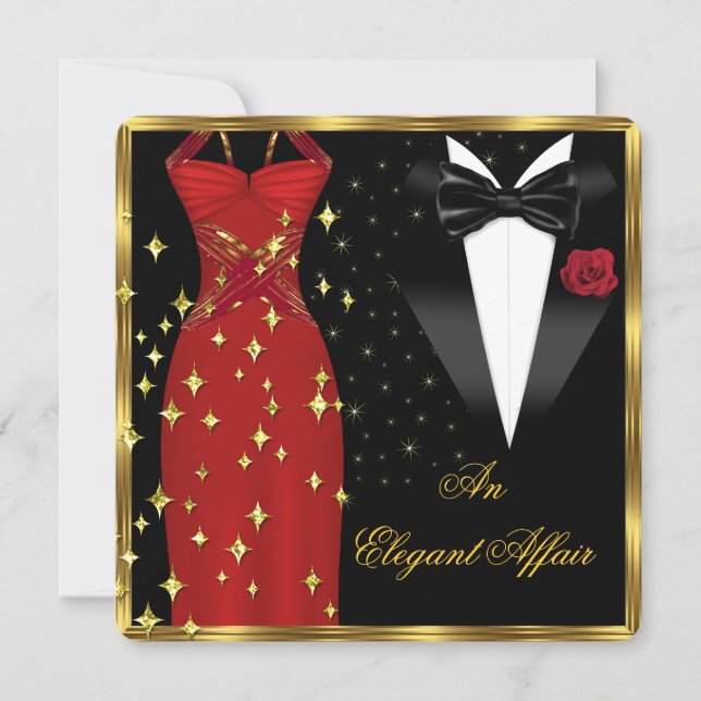Invitación Elegante Affair Red Vress Black Tie Gold Birday (Anverso)