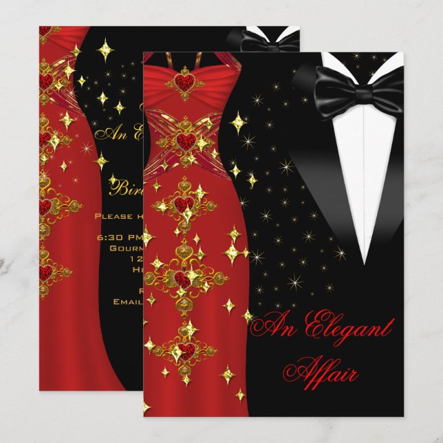 Invitación Elegante Affair Red Vress Black Tie Gold Birday (Anverso / Reverso)