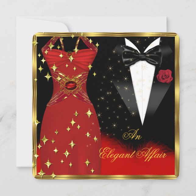 Invitación Elegante Affair Red Vress Black Tie Gold Birday 2 (Anverso)