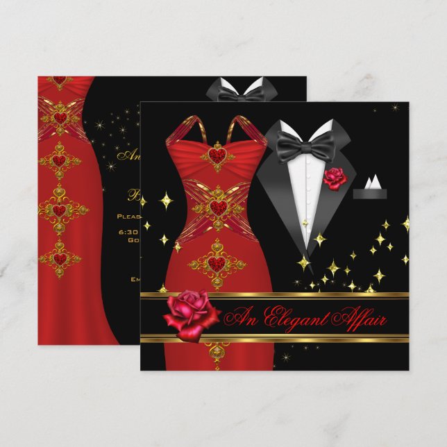 Invitación Elegante Affair Red Vress Black Tie Gold Red Rose  (Anverso / Reverso)