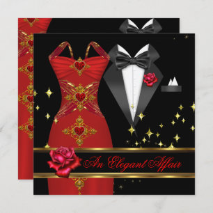 Invitación Elegante Affair Red Vress Black Tie Gold Red Rose 