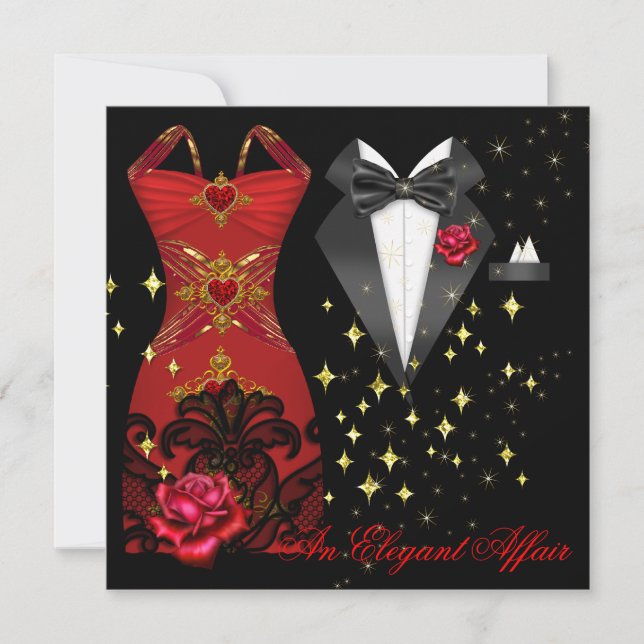 Invitación Elegante Affair Red Vress Black Tie Gold Red Rose  (Anverso)