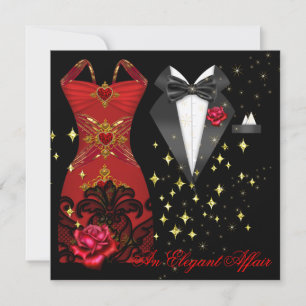 Invitación Elegante Affair Red Vress Black Tie Gold Red Rose 
