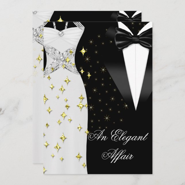 Invitación Elegante Affair White Vress Black Tie Gold Birday (Anverso / Reverso)