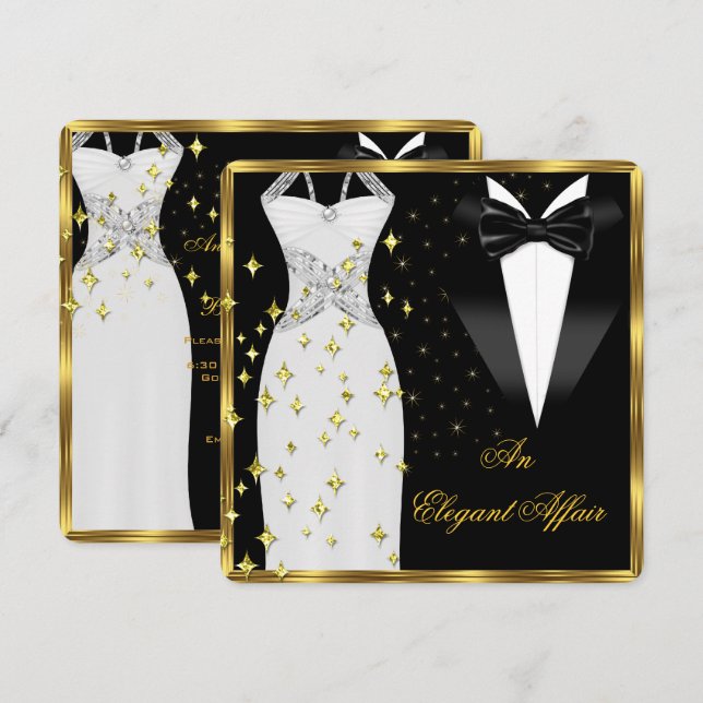 Invitación Elegante Affair White Vress Black Tie Gold Birday (Anverso / Reverso)