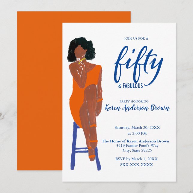 Invitación Elegante afroamericano 50 y Naranja Fab (Anverso / Reverso)