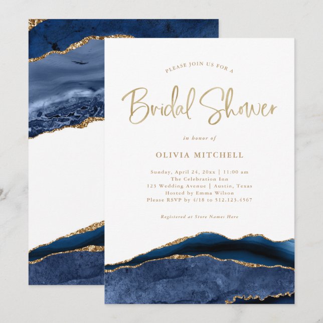 Invitación Elegante ágata azul de la marina con oro | Ducha d (Anverso / Reverso)