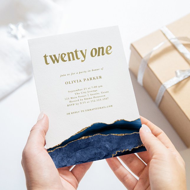 Invitación Elegante ágata azul de la marina y oro | 21 cumple (Subido por el creador)