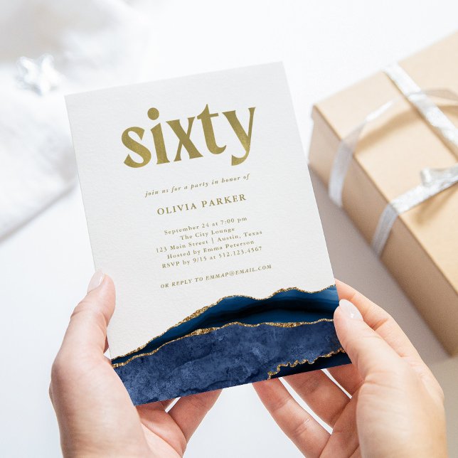 Invitación Elegante ágata azul de la marina y oro | 60 cumple (Subido por el creador)