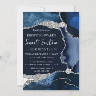 Invitación Elegante Agata Azul Marino y Plata Brillante Cumpl