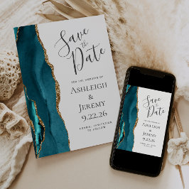 Invitación Elegante ágata azul teal dorado guardar la fecha