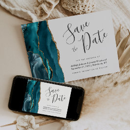 Invitación Elegante ágata azul teal dorado guardar la fecha