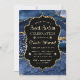 Invitación Elegante Agata Brillante Azul y Dorado Cumpleaños 