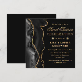 Invitación Elegante Agata Brillante Negra y Dorada Cumpleaños