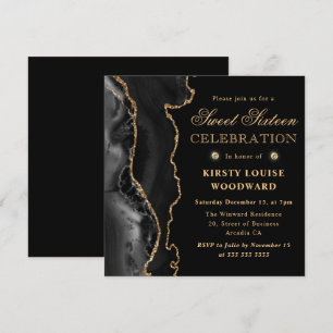 Invitación Elegante Agata Brillante Negra y Dorada Cumpleaños