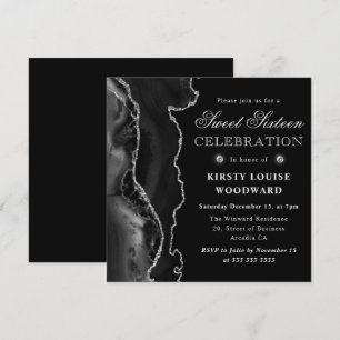 Invitación Elegante Agata Brillante Negra y Plateada Cumpleañ
