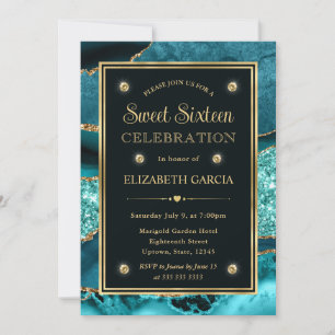 Invitación Elegante Agata Brillante Teal y Dorado Cumpleaños