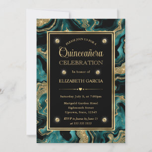 Invitación Elegante Agata Brillante Turquesa y Dorada Quincea