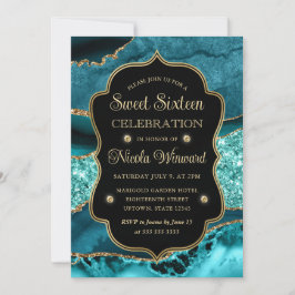 Invitación Elegante ágata con brillo verde azulado y dorado S