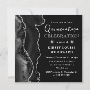 Invitación Elegante Agata Negra y Plata con Brillo Quinceañer