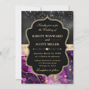 Invitación Elegante Ágata Púrpura Boda con Brillo Negro