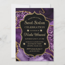 Invitación Elegante Agata Purpura y Dorado Brillo Cumpleaños 