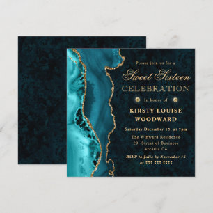 Invitación Elegante ágata turquesa y dorada para Sweet Sixtee