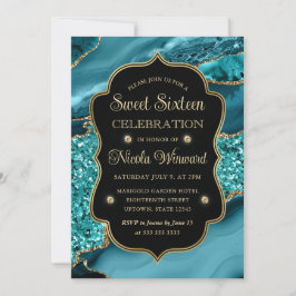 Invitación Elegante agata verde azulado y dorado Sweet Sixtee