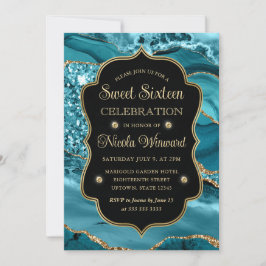 Invitación Elegante agata verde azulado y dorado Sweet Sixtee