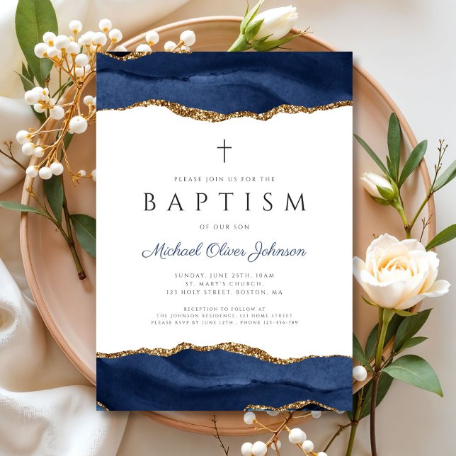 Invitación Elegante Agate Azul Baptismo religioso Bebé (Elegant Blue Agate Religious Baby Baptism Invitation)