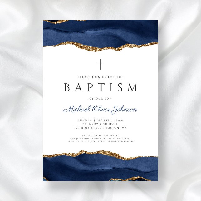 Invitación Elegante Agate Azul Baptismo religioso Bebé (Elegant Blue Agate Religious Baby Baptism Invitation)