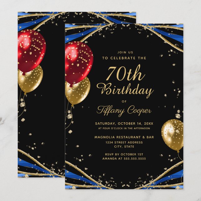 Invitación Elegante Agate Azul Oro 70 cumpleaños (Anverso / Reverso)